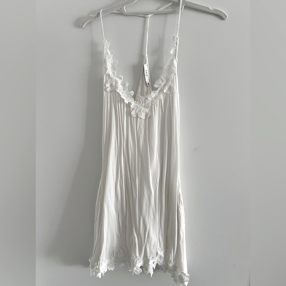 Lush boho white dress with floral lace trim, size small